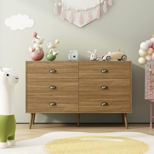Oak 6 Drawer Dresser for Bedroom, 47" Wood Dresser with Gold Handles. - Image 6
