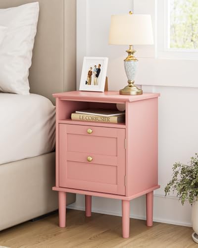 Nightstand, Boho Night Stand with 1 Drawers, Modern Side Accent Table with Open Shelf, Wooden Top Bedside End Table for Bedroom, Living Room, Pink - Image 3