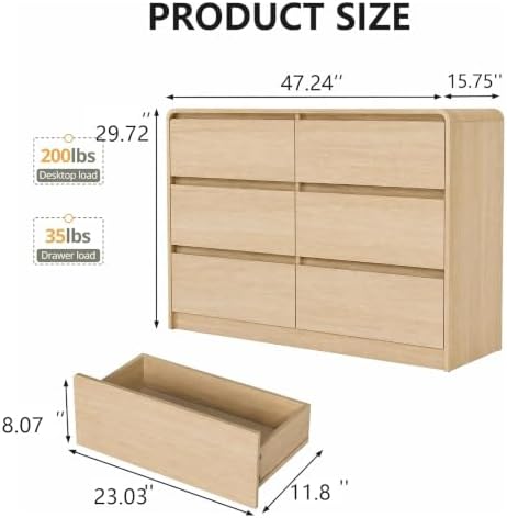 Vibe & Dine 6 Drawer Dresser, Modern Wooden Dressers & Chests of Drawers with Arc Edge Design, 47" Wide Dresser for Closet, Entryway, Bedroom, Natural Wood - Image 2