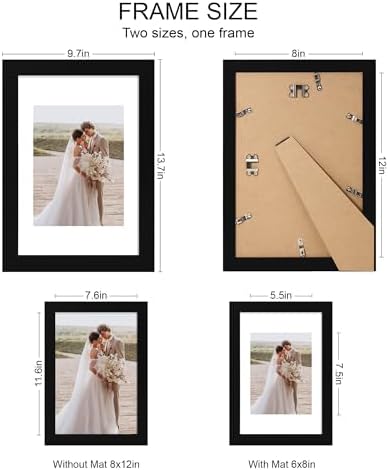 Hongkee 8x12 Picture Frame Set of 4, Made of Real Glass and Black Wooden Frame - Display 6x8 Picture with Mat or 8 x 12Poster Without Mat, 8 by 12 Photo for Wall or Tabletop - Image 2