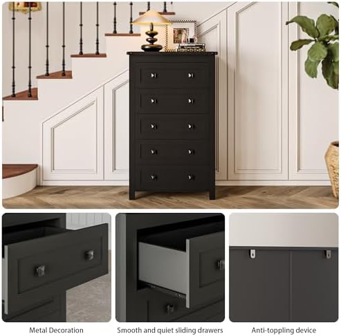 Wodeer Black Dresser Tall 5 Drawer Dresser for Bedroom, Wooden Dressers & Chests of Drawers with Metal Handles, Modern Storage Cabinet and Organizer Drawers for Bedroom, Hallway, Entryway - Image 5