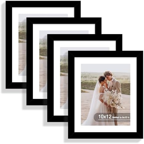 Hongkee 10x12 Picture Frame Set of 4, Made of Real Glass and Black Frame - Display Picture 8x10 with Mat or 10x12 Without Mat, 10 by 12 Photo for Wall Mounting by Hongkee