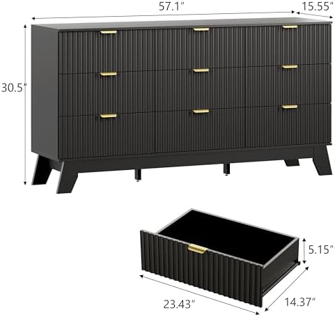 Wodeer 9 Drawer Fluted Dresser for Bedroom, Mid Century Modern Dresser with 9 Drawers, Dressers & Chests of Drawers with Metal Handle, TV Stand & Storage Organizer for Entryway, Hallway, Black - Image 2