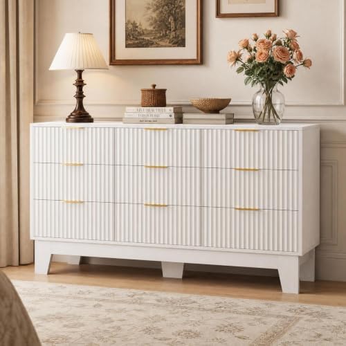 GarveeHome 59" Wide Fluted 9 Drawers Dresser, White by GarveeHome