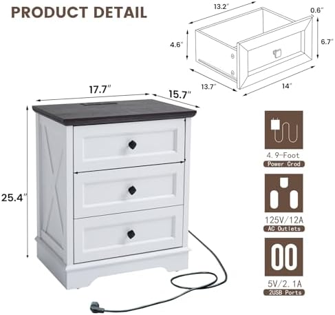 Farmhouse 3 Drawers Dresser for Bedroom,White Dresser with Charging Station - Image 2