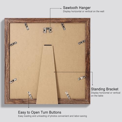 Hongkee 12x12 Picture Frame Set of 4 - Made of Glass and Rustic Brown Wooden Frame, Display Square Pictures 10x10 with Mat or 12 x 12 without Mat, Desktop & Wall Collage Photo Frame - Image 3
