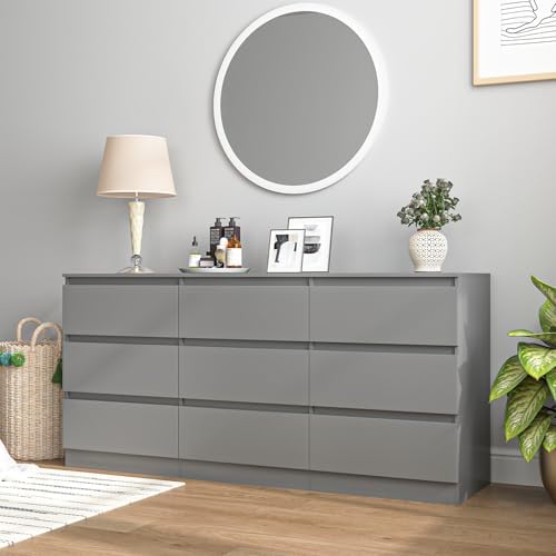 VERYKE Grey 9 Drawer Dresser for Bedroom,Chest of Drawers with No-Handle Design for Closet,Modern Wood Dresser Bedroom Storage Furniture - Image 2