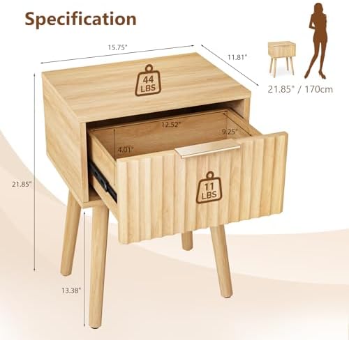 VINGLI Night Stand, Fluted Nightstand Wood, Mid Century Modern Nightstand for Bedroom, Bedside Table, Wood Side Table, Small Night Stand Oak, 15.75" W*11.81" D*21.85" H - Image 2