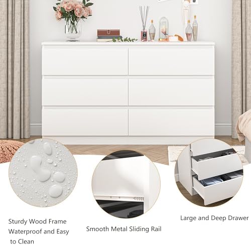 VERYKE White 6 Drawer Dresser for Bedroom,Chest of Drawers with No-Handle Design for Closet,Modern Wood Dresser Bedroom Storage Furniture - Image 6