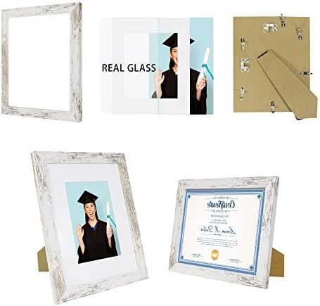 Hongkee 8.5 x 11 Picture Frame Set of 4, Made of Real Glass and Distressed White Certificate & Diploma Frame, 8.5 by 11 Photo for Wall or Tabletop - Display Picture 6x8 with Mat or 8.5x11 Without Mat - Image 2