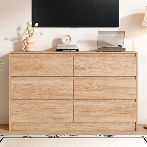 Chrangmay 6 Drawer Dresser,47.24" Wide Mid Century Chest of Drawers,Wooden Bedroom Drawer Dresser with 6 Storage Drawers for Bedroom,Living Room,with Anti-Tipping Device, Wood - Image 2