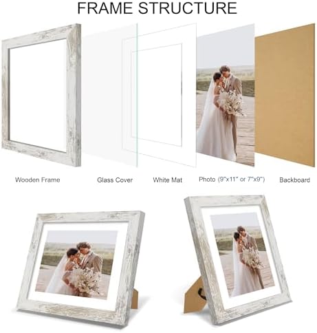 Hongkee 9x11 Picture Frame Set of 4, Made of Real Glass and Distressed White Frame - Display Picture 7x9 with Mat or 9x11 Without Mat, 9 by 11 Photo for Wall or Tabletop - Image 3
