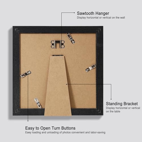 Hongkee 8x8 Picture Frames Set of 4, Made of Glass and Rustic Black Wooden Frame - Display Picture 6x6 with Mat or 8 x 8 Without Mat, 8 by 8 Photo for Wall or Tabletop - Image 3