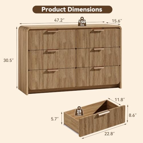47" Fluted 6 Drawer Dresser for Bedroom, Living Room, Entryway Light Walnut - Image 2