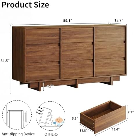 HOUROM Walnut Dresser for Bedroom, 59in Modern 9 Drawer Chest of Drawers - Image 2