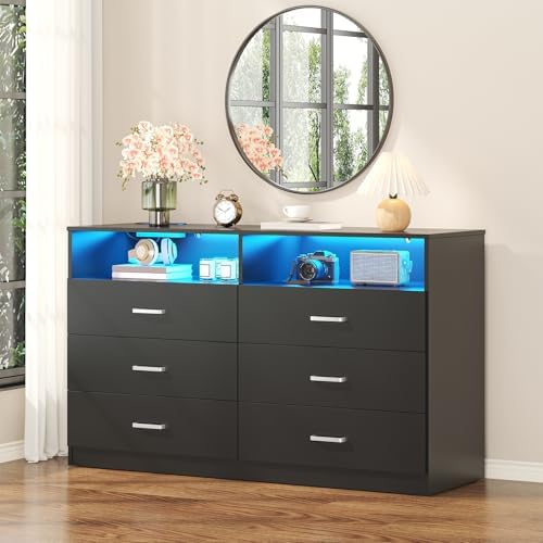 Bigbiglife Dresser for Bedroom, 6 Drawer Dresser with Charging Station and Led Light, Modern Chest of Drawers for Bedroom, Living Room,Black - Image 5