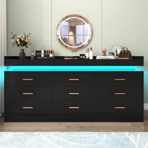 Hlivelood 9 Drawer Dresser with LED Light and Charging Station, Modern Chest of Drawers for Closet, Wide Drawer Organizer Cabinet for Bedroom, Living Room, Entryway, Hallway(9 Drawer Black) - Image 3
