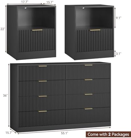 8 Drawer Dresser & 1-Drawer Nightstand Set 3-Piece, Black丨55 Wide Bedroom Dresser Set Night Stand Set of 2, Fluted Modern Wood Chest of Drawers Storage Dressers Set for Bedroom - Image 2