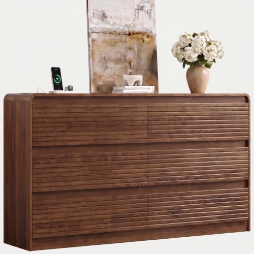 Gyfimoie 55" W Walnut Fluted 6-Drawer Dresser for Bedroom w/Power Outlet by Gyfimoie