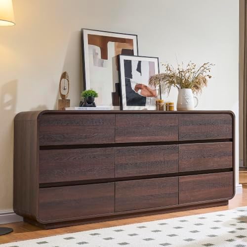 Standifurno 9 Drawer Dresser for Bedroom, Modern Curved Wood Chest of Drawers, 63" W Walnut Dresser Large Storage for Bedroom, Living Room, Hallway, Handleless Design Wooden Nursery Dresser by StandifurnoFurniture