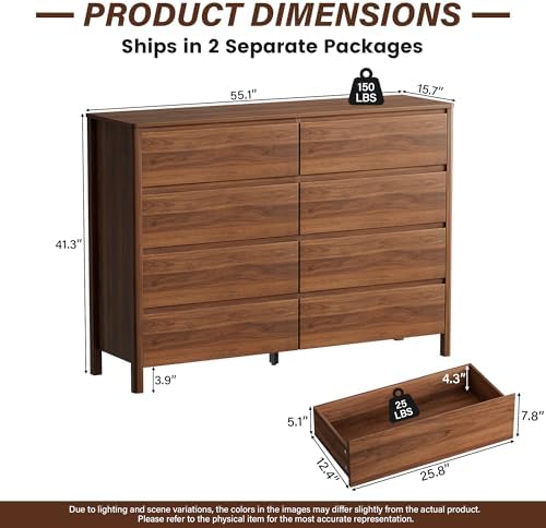 Furniway 55" Mid-Century Modern Dresser for Bedroom, 8 Drawer Wide Chest of Drawers with Wood Legs, Large Storage Bedroom Dresser, Walnut - Image 2