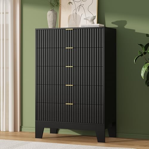 5 Drawer Dresser for Bedroom, 47" Tall Fluted Chest of Drawers, Black - Image 6