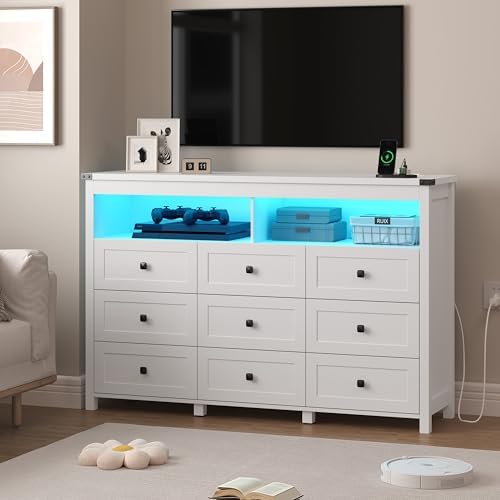 Wodeer 9 Drawer Dresser for Bedroom with LED Lights, Charging Station, Wood Chest of Drawers with Metal Handles, Modern TV Stand & Storage Organizer for Bedroom, Hallway, White - Image 3