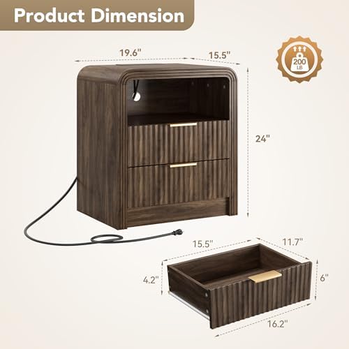 Decofy Fluted 2-Drawer Nightstand with Charging Station, Walnut - Image 2