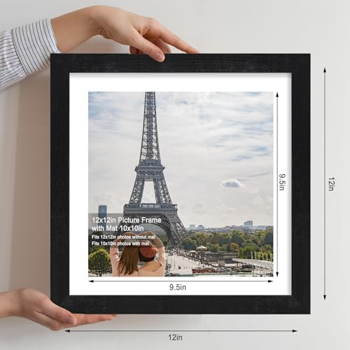 Hongkee 12x12 Picture Frame Set of 4 - Made of Glass and Rustic Black Wooden Frame, Display Square Pictures 10x10 with Mat or 12 x 12 without Mat, Desktop & Wall Collage Photo Frame - Image 2