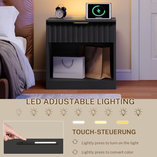 TEENFON Fluted Nightstands Set of 2, Night Stand with Charging Station and LED Light, Nightstand with Storage Drawer and Open Shelf, Bedside Table for Small Space, Bedroom, Black - Image 6