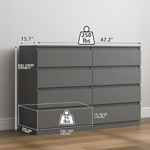 Vibe & Dine 8 Drawer Double Dresser, Modern Chest of Drawers with Wide Storage for Closet, Bedroom, Living Room, Grey - Image 3