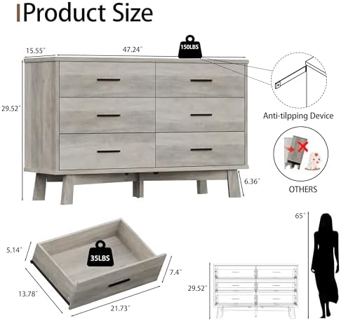 Xixini Dresser for Bedroom, 6 Drawer Wide Modern Chest of Drawers with X-Shaped Sturdy Base, Wood Double Dresser Closet Clothes Storage Organizer, Wooden TV Stand for Living Room, Hallway, Grey - Image 2