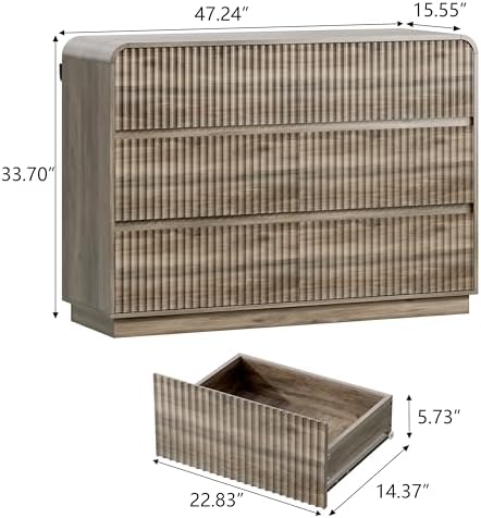 Wodeer Grey Dresser Fluted 6 Drawers Dresser for Bedroom, 47" Wide Wood Chest of Drawers with Hidden Handles & Rounded Corners, Modern TV Stand Storage Cabinet for Living Room, Hallway, Entryway - Image 2