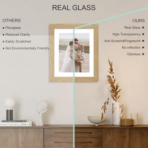 Hongkee 9x11 Picture Frame Set of 4, Made of Real Glass and Natural Oak Frame - Display Picture 7x9 with Mat or 9x11 Without Mat, 9 by 11 Photo for Wall or Tabletop - Image 4