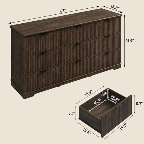Squireewo Fluted 9 Drawers Dresser for Bedroom, 63" Wide Modern Chest of Drawers with Power Outlet and Deep Drawers, Large Dresser TV Stand for Living Room, Hallway, Kids Room, Brown - Image 2