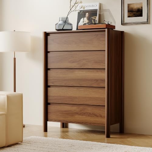HOUROM Walnut Dresser for Bedroom,45"Tall 5 Drawer Mid Century Modern Chest - Image 6