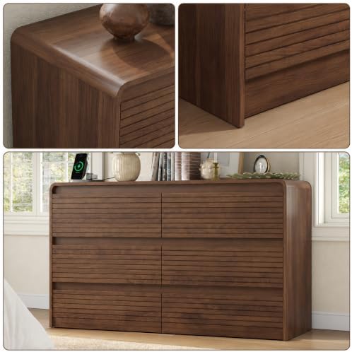 Gyfimoie 55" W Walnut Fluted 6-Drawer Dresser for Bedroom w/Power Outlet - Image 6