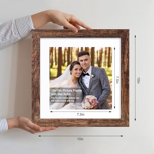 Hongkee 10x10 Picture Frame Set of 4, Made of Glass and Rustic Brown Wooden Frame - Display Picture 8x8 with Mat or 10 x 10 Without Mat, 10 by 10 Photo for Wall or Tabletop - Image 2