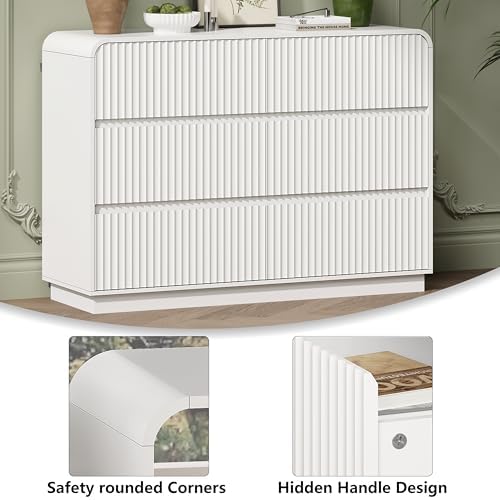 Wodeer White Dresser Fluted 6 Drawers Dresser for Bedroom, 47" Wide Wood Chest of Drawers with Hidden Handles & Rounded Corners, Modern TV Stand Storage Cabinet for Living Room, Hallway, Entryway - Image 5
