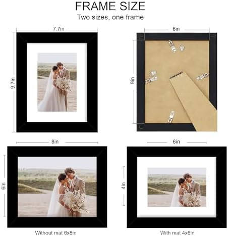 Hongkee 6x8 Picture Frame Set of 4, Made of Real Glass and Black Frame - Display Picture 4x6 with Mat or 6x8 Without Mat, 6 by 8 Photo for Wall or Tabletop - Image 2