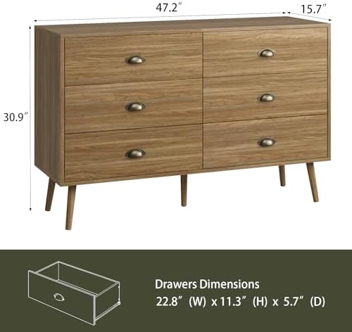 Oak 6 Drawer Dresser for Bedroom, 47" Wood Dresser with Gold Handles. - Image 2