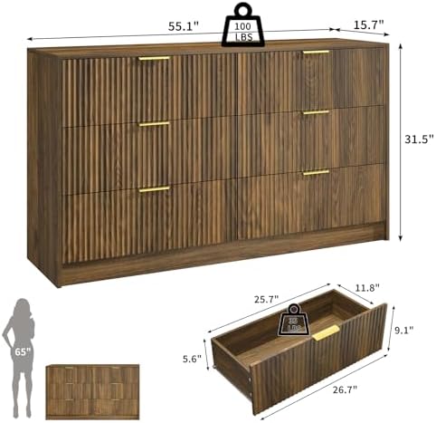 Walnut Dresser with 6 Drawer 55" Wide Fluted Dresser for Bedroom丨Modern Chest of Drawer with Metal Handles, Wood TV Stand for Bedroom, Living Room, Entryway, Hallway, Walnut - Image 2