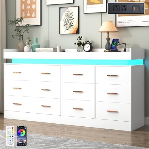 Hlivelood 12 Drawer Dresser with LED Light and Charging Station, Modern Chest of Drawers for Closet, Wide Drawer Organizer Cabinet, Living Room, Entryway, Hallway, White by Hlivelood