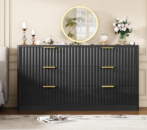 TEENFON Fluted 6 Drawer Dresser for Bedroom, Wide Modern Chest of Drawers with Metal Handle, Curved Profile Design, Wood Closet Clothes Storage Organizer for Bedroom, Living Room, Hallway, Black - Image 4