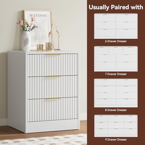 6 Drawer Dresser & 3-Drawer Nightstand Set 3-Piece, White丨Long Dresser and Night Stand Set of 2 with Metal Handle, Fluted Modern Wood Chest of Drawers Storage Dressers Set for Bedroom - Image 7