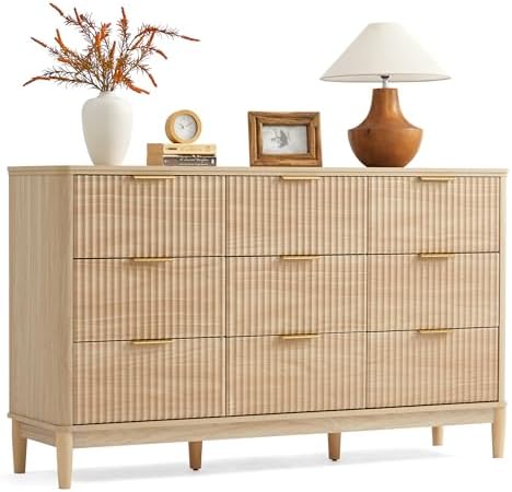 LINSY Fluted Dresser for Bedroom with 9 Drawers, Mid Century Modern Chest of Drawers with Gold Metal Handles, Wide Boho Wood Dressers, Large Farmhouse Storage Cabinet for Bedroom, Living Room, Oak by Linsy