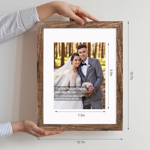 Hongkee 11x14 Picture Frame Set of 4, Made of Glass and Rustic Brown Wooden Frame, Display 8x10 Pictures with Mat or 11 x 14 Posters without Mat for Wall Mounting, Gallery Photo Frames - Image 2
