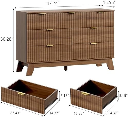 Wodeer 7 Drawer Fluted Dresser for Bedroom, Mid Century Modern Wooden Dresser with 7 Drawers, Dressers & Chests of Drawers with Metal Handle, TV Stand & Storage Organizer for Entryway, Hallway, Walnut - Image 2