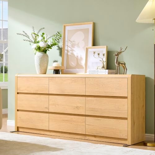Modern 9 Drawers Dresser for Bedroom, 63” Wide Large Dressers & Chest of Drawers, Front Rounded Corner Handleless Design, Storage Dressers Organizer for Hallway, Living Room, Natural Color by Odeekea
