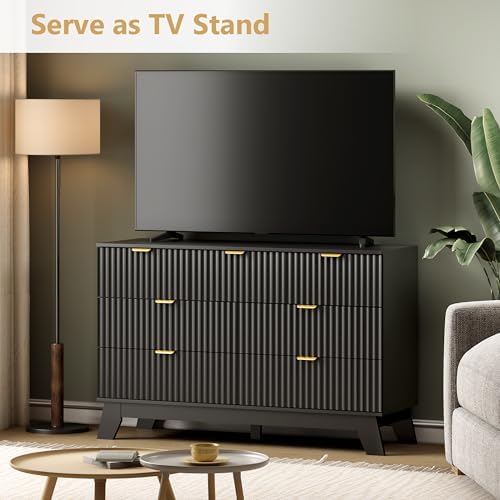 Wodeer 7 Drawer Fluted Dresser for Bedroom, Mid Century Modern Dresser with 7 Drawers, Dressers & Chests of Drawers with Metal Handle, TV Stand & Storage Organizer for Entryway, Hallway, Black - Image 3